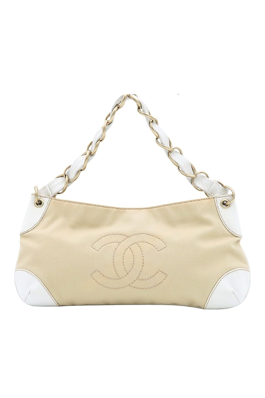 Chanel Chain Shoulder Bag CC Logo Beige Gold Canvas Leather